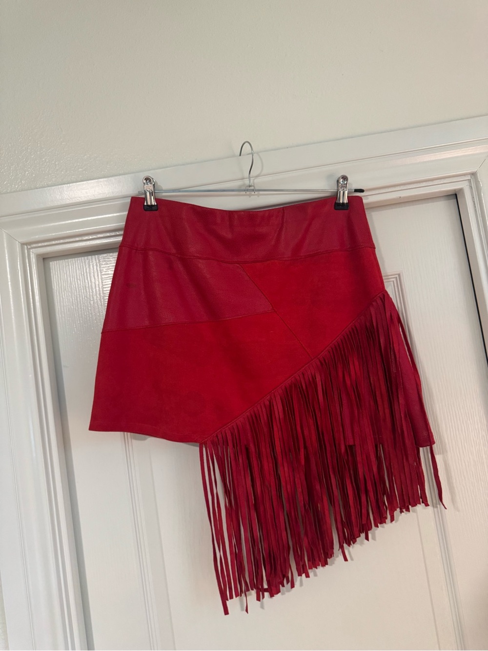 Liberty Garden, red fringe skirt, size medium